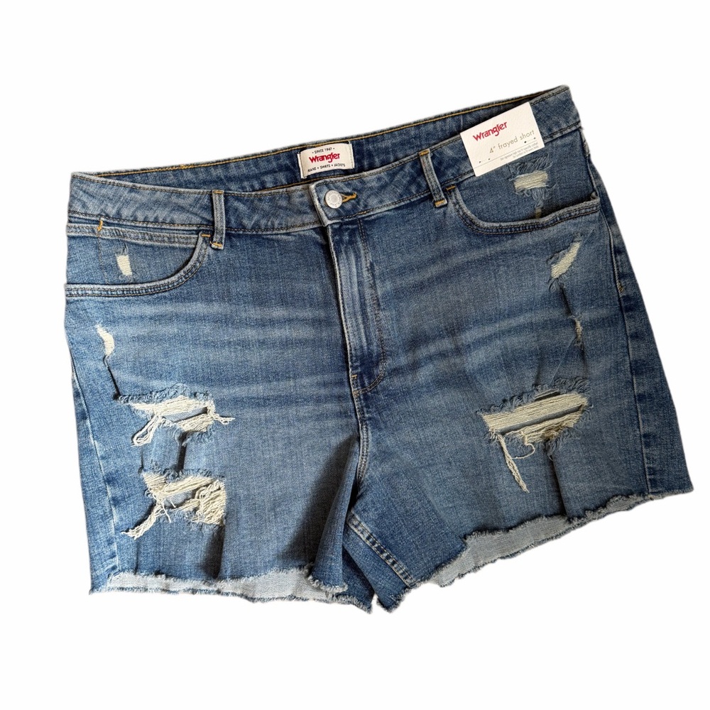Wrangler High Rise Distressed Denim Shorts 4" Frayed Hem Size 16W